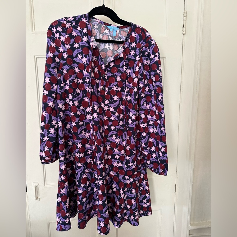 Draper James Floral Mini Dress 1/4 Button Tie Neck Purple plum